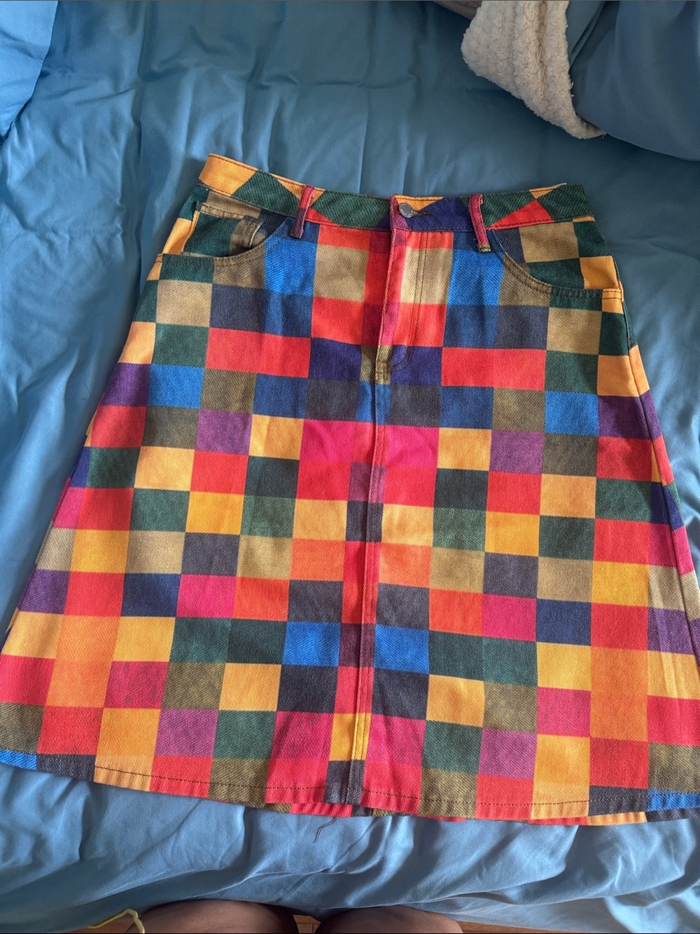 Denim color board Checkered A-Line Skirt - Multicolor lightweight